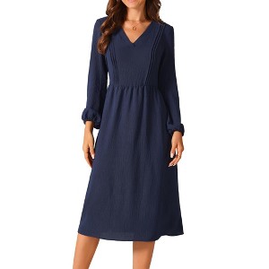 Seta T Women's Elegant Frilled Long Sleeve V Neck Pleated Fit Flare A-Line Midi Dress - 1 of 4