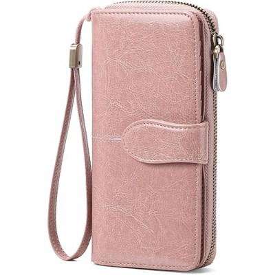 Women's fashionable pink synthetic leather wrist guard wallet with snap button and zipper closure,compact card holder and phone compartment