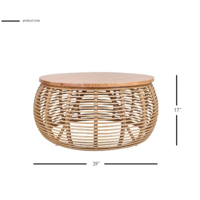 Honey Brown Round Rattan and Pine Coffee Table with Storage