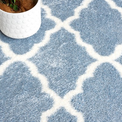 Blue and White Synthetic Shag Runner Rug 2 x 9 ft