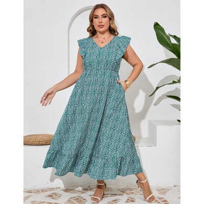 Women's Plus Size Summer Dress with Pocket Ruffle Cap Sleeveless V Neck Side Split Long Beach Maxi Dress