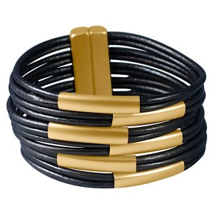 Zirconite Multi-Strand Genuine Leather Cuff Bracelet with Tube Bars - Gold/Turquoise, Women
