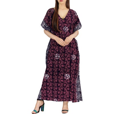 LA LEELA Women's Batik Midi Kaftan Dress - 100% Cotton Loungewear, Beach Cover Up, Plus Size Loose Fit Nightgown