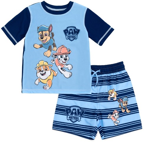 Paw patrol swim trunks and 2024 rash guard