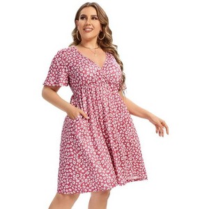 Coolmee Women's Plus Size Floral Midi Dress Wrap V Neck Ruffle Short Sleeve A Line Casual Dress - 1 of 4