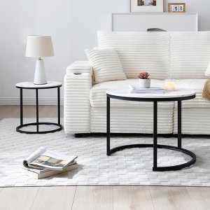 Okak Simple Round Set 2 Coffee Table Side Tables Patio End Table Nightstand Marble Pattern Nesting Outdoor&Indoor for Yard Bedroom Apartment, White - 1 of 4
