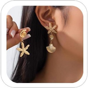 Coastal Charm Drop Earrings - Asymmetric Shell & Starfish Design in Gold for a Relaxed Summer Vibe - 1 of 4