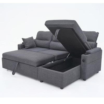 Aukfa Convertible Pull Out Sofa Bed, L-Shaped Sectional Sofa with USB Ports/Cup Holders/Storage Chaise for Living Room/Bedroom
