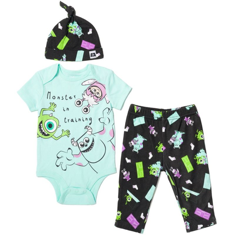 Disney Pixar Monsters Inc. Sulley Boo Mike Wazowski Baby Bodysuit Pants and Hat 3 Piece Outfit Set Newborn to Infant , 1 of 8