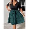 Plus Size Midi Dress for Summer Short Sleeve Faux Wrap Fit and Flared Dress V Neck Belted Summer Dress Irregular Polka Dot Teacher Dress - 3 of 4