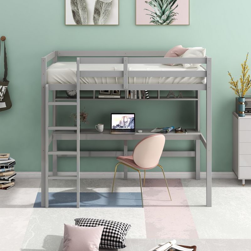 Twin Size Loft Bed with Desk, Shelves, and Ladder-ModernLuxe, 2 of 11