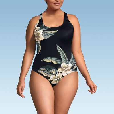 Lands' End Women's Chlorine Resistant Scoop Neck X-Back High Leg Soft Cup Tugless Sporty One Piece Swimsuit