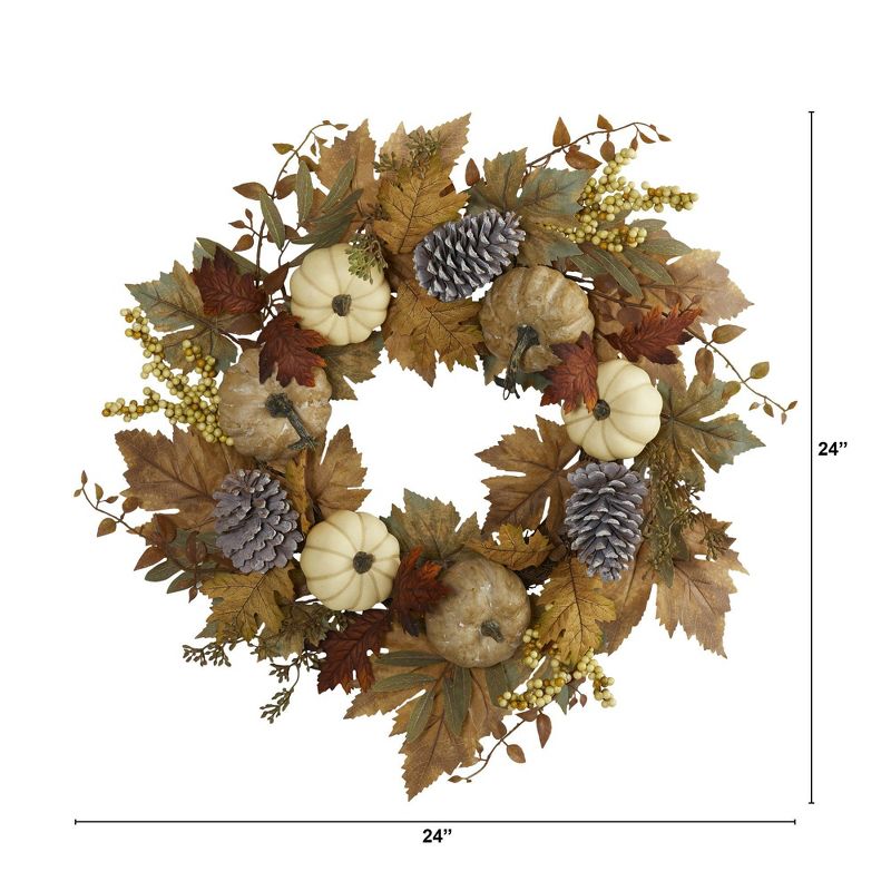 Nearly Natural 24” Fall Pumpkins, Pine Cones and Berries Artificial Wreath, 2 of 4