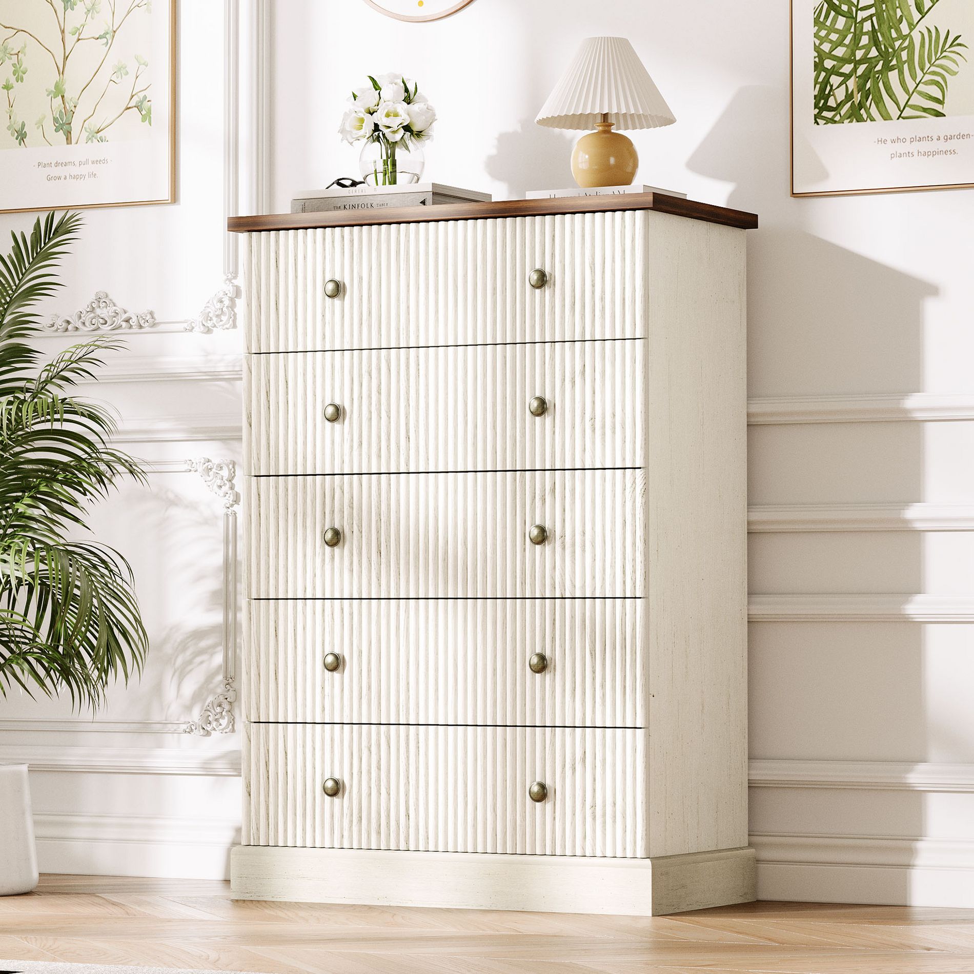 Drawer Dresser for Bedroom, Fluted Vertical Chest of Drawers, Wood Storage Dresser with Metal Handles, Space Saving Dresser for Apartment Guest Room