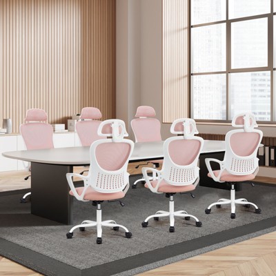 FURNIinspire Task And Office Chairs High-Back Mesh Rolling Work Task Chairs With Wheels And Adjustable Headrests, Fixed Arms, Pink, 25"*27"*53"