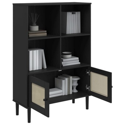 Senja Black Pine Wood Bookcase with Woven Rattan Doors