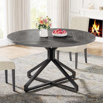 47-Inch Gray Wood Round Dining Table with Metal Pedestal Base
