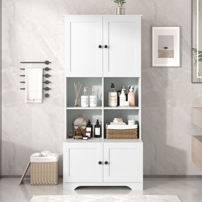 Okak Tall Freestanding Bathroom Cabinet with 4 Doors & 4 Open Shelves,Floor Storage Cabinet Unit for Bathroom,Kitchen