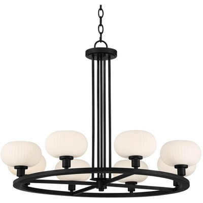 Possini Euro Design Matte Black Wagon Wheel Chandelier 31" Wide Contemporary White Glass 8-Light for Dining Room Entryway Kitchen