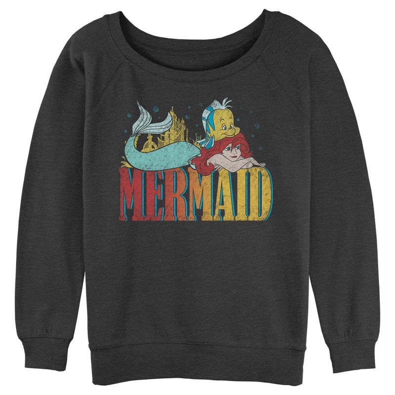 Juniors Womens The Little Mermaid Ariel and Flounder Distressed Logo Sweatshirt, 1 of 5
