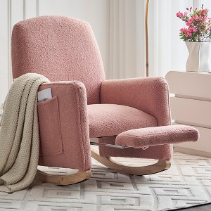 Cotton Linen/Teddy Fabric Nursery Rocking Chair, Upholstered Accent Chair With Adjustable Footrest and Pocket 4W -ModernLuxe - 1 of 4