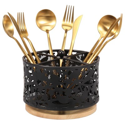 LunaLulinlk 360° Rotating Metal Utensil Holder for Countertop, 4 Compartment Silverware Organizer, Black