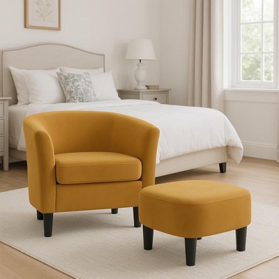 Aukfa Velvet Accent Chair with Ottoman, Modern Barrel Chair Armchair for Living Room, Bedroom