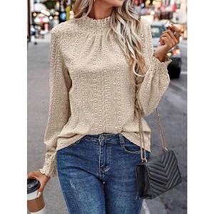 Women's Frill Mock Neck Flounce Long Sleeve Blouse Crew Neck Shirt Top - 1 of 3