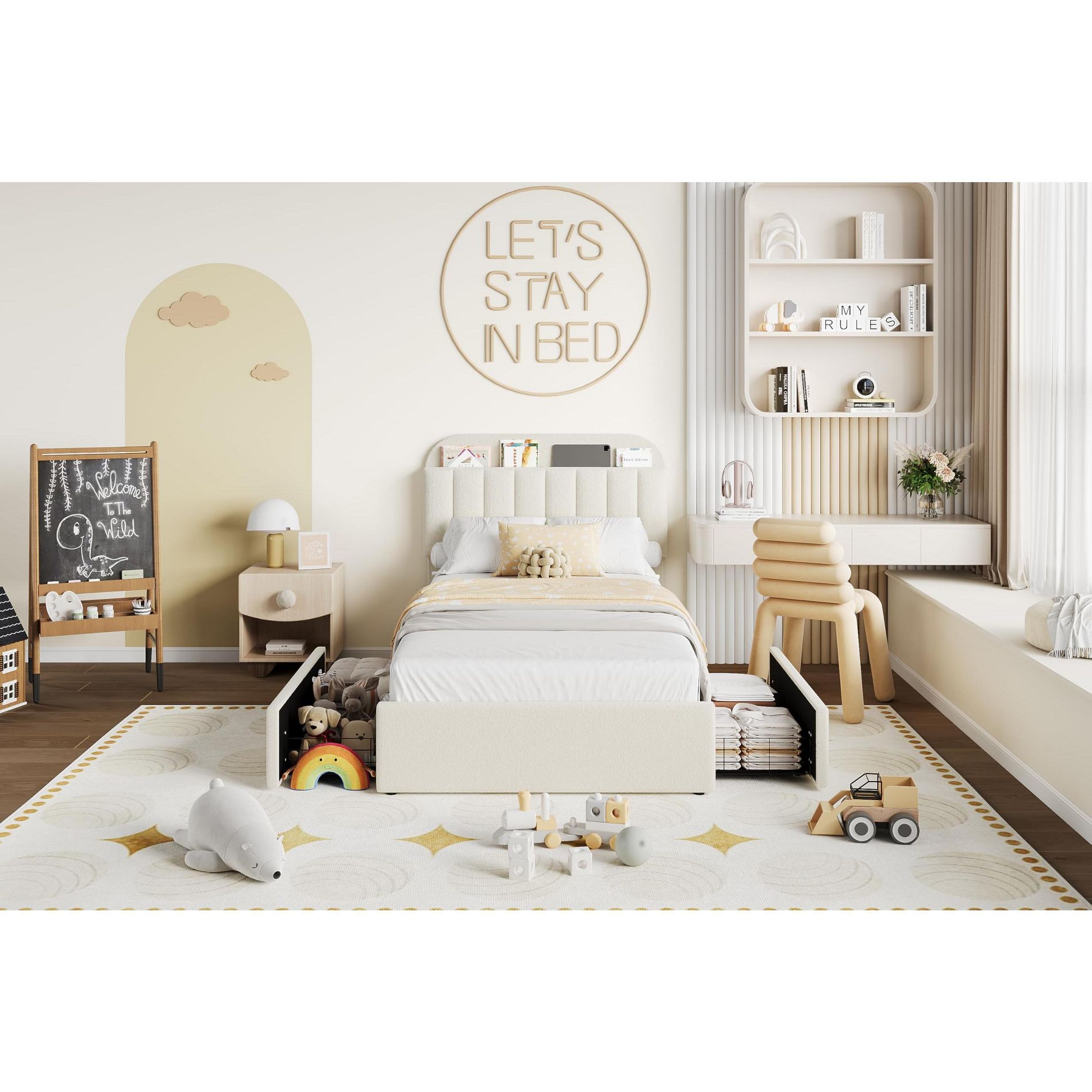 Upholstered Platform Bed Frame with Storage Headboard & Drawers, Velvet Fabric Bed for Kids/Teens, Solid Wood Slats, Low Profile