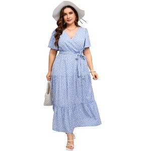Coolmee Women Summer Maxi Dress Plus Size V Neck Wrap Floral Print Short Sleeves Ruffle Tiered Dress with Belt XLSky blue with white dots - 1 of 4