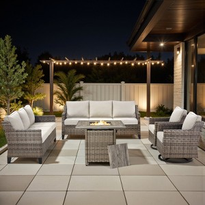 Outdoor Patio Furniture Set with Fire Pit Table and Swivel Rocking Chairs,5 Pieces Wicker Conversation Sets 3-Seater Sofa Couch Outside Furniture - 1 of 4