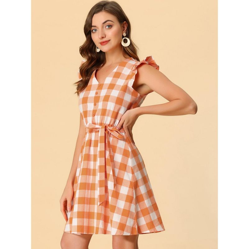 Allegra K Women's Casual Ruffled Sleeve A-Line Vintage Gingham Check Dress, 3 of 7