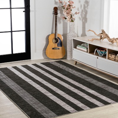 Ivory and Black Striped Synthetic Washable Area Rug