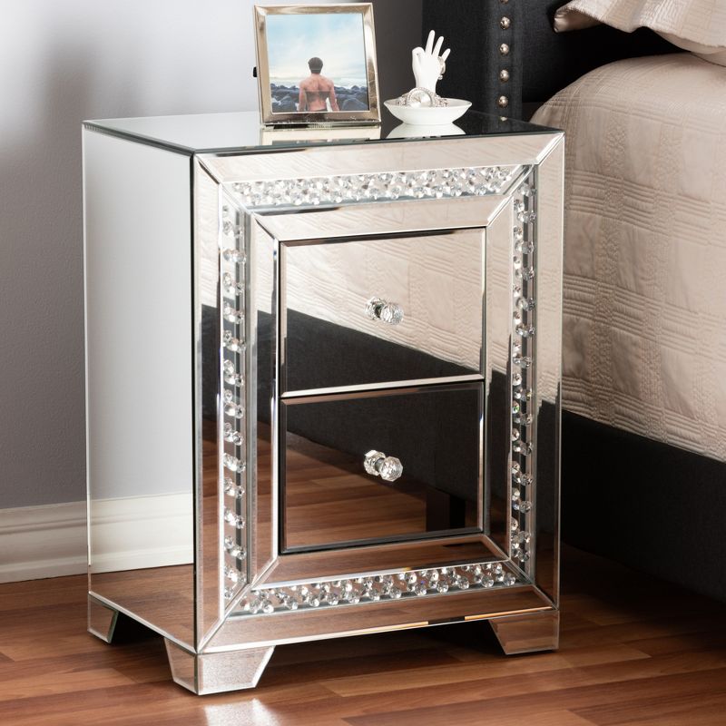Mina Mirrored 2 Drawer Nightstand Bedside Table Silver - BaxtonStudio, 4 of 9