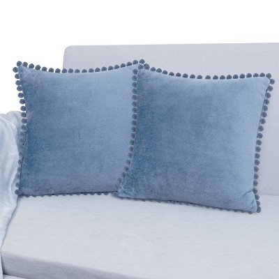 Dusty Blue Velvet Euro Pillow Covers with Pom Pom Fringe, 18x18 Set