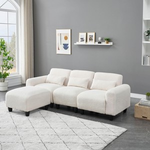 VYNXARIA The 84.6-inch beige teddy fleece creative sofa can be assembled into a two-seater sofa plus a single couch with three waist pillows - 1 of 4