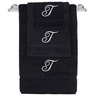 BC BARE COTTON Monogrammed Towel Set, Personalized Gift, Set of 3 - Black - White Script