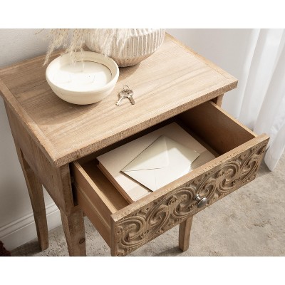 Hazelnut Rustic Wood Side Table with Carved Drawer