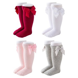 Cozyway Baby & Toddler Knee High Bow Socks, 4 Pack for Girls, White/Gray/Pink/Red, 4-6 Years Old - 1 of 4