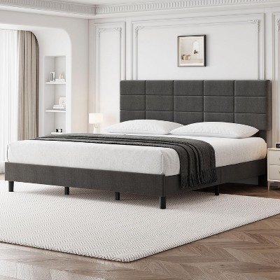 Garvee Full/King Bed - Linen Upholstered with Headboard, Metal Frame & Wood Slats, No Box Spring, Noise-Free, Grey