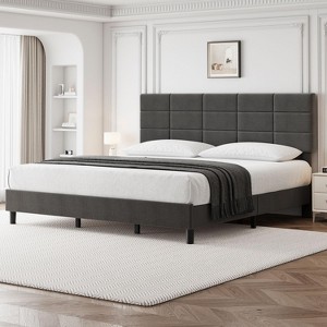 Garvee Full/King Bed - Linen Upholstered with Headboard, Metal Frame & Wood Slats, No Box Spring, Noise-Free, Grey - 1 of 4