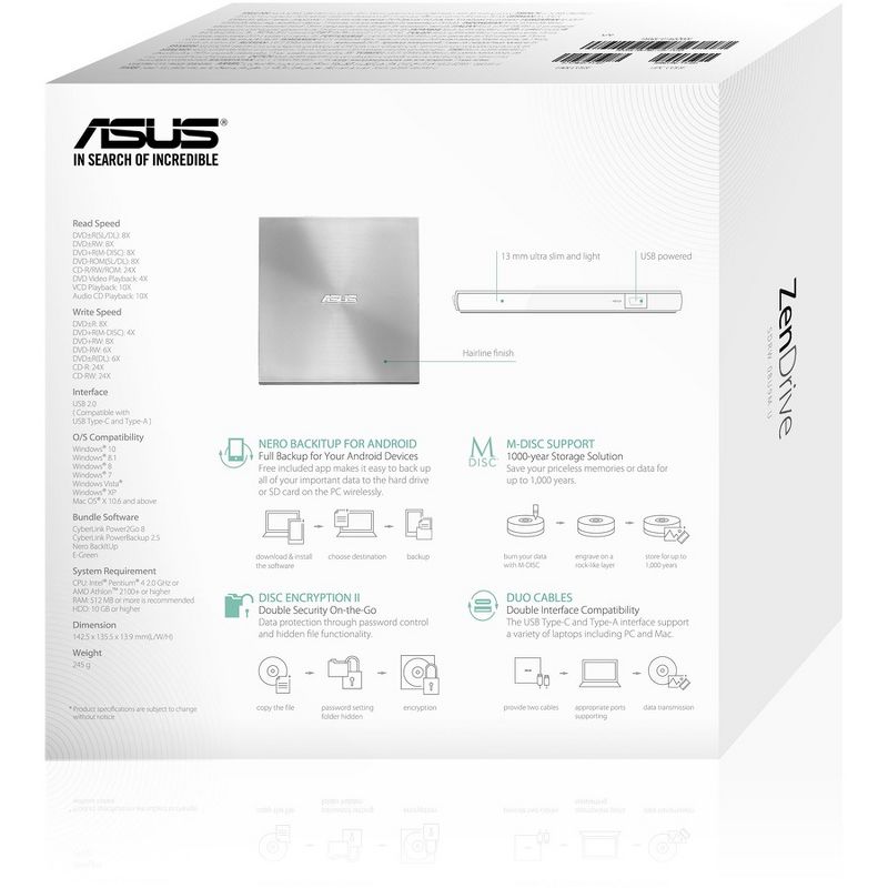Asus ZenDrive SDRW-08U9M-U DVD-Writer - External - Silver - DVD-RAM/±R/±RW Support - 24x CD Read/24x CD Write/24x CD Rewrite, 2 of 7