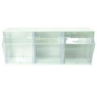 White Modular Interlocking Tilt Bin Storage System with Clear Bins