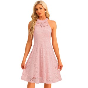 Allegra K Women's Lace Halter Neck Sleeveless Elegant Cocktail A-Line Dress - 1 of 4