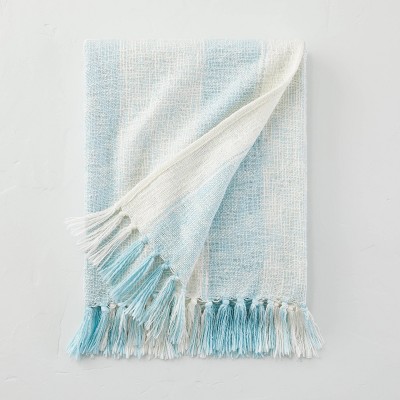 Tonal Stripe Summer Throw Blanket with Fringe Light Blue/Cream - Hearth & Hand™ with Magnolia