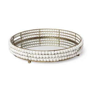 HomeRoots 22" Antiqued Gold And White Metal Wood And Mirrored Glass Round Vanity Tray - 1 of 4