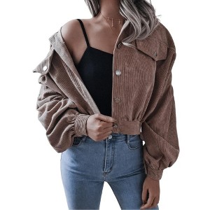 Coolmee Women's Cropped Shacket Fashion Button Down Corduroy Shacket Jackets Casual Long Sleeve Crop Jackets Tops - 1 of 4