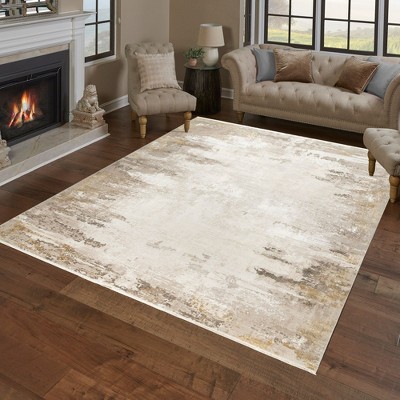 Gertmenian Florance Gela Modern Abstract Gold Ivory High-Low Indoor Viscose Acrylic Area Rug with Fringe, 2x8
