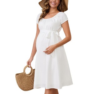 INSPIRE CHIC Women's Maternity Dress Boho Pleated Midi Tie Waist Belted Baby Shower Short Sleeve Babydoll Pregnancy Photoshoot - 1 of 4