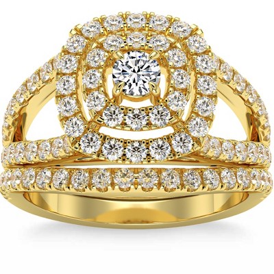 Pompeii3 1 3/4Ct Natural Diamond Cushion Halo Engagement Wedding Ring Set in 10k Gold